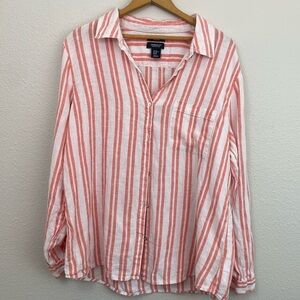 Jones & Co 100% Linen Coral Pink Stripe Button down size XL
